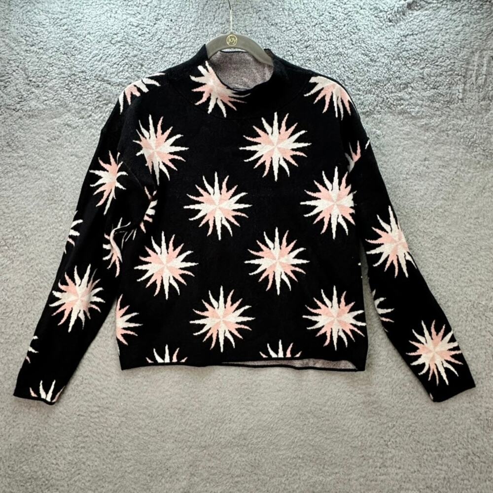 Maeve Women's Small Pullover Sweater Black Pink Stars Mock Neck Soft Crop Casual